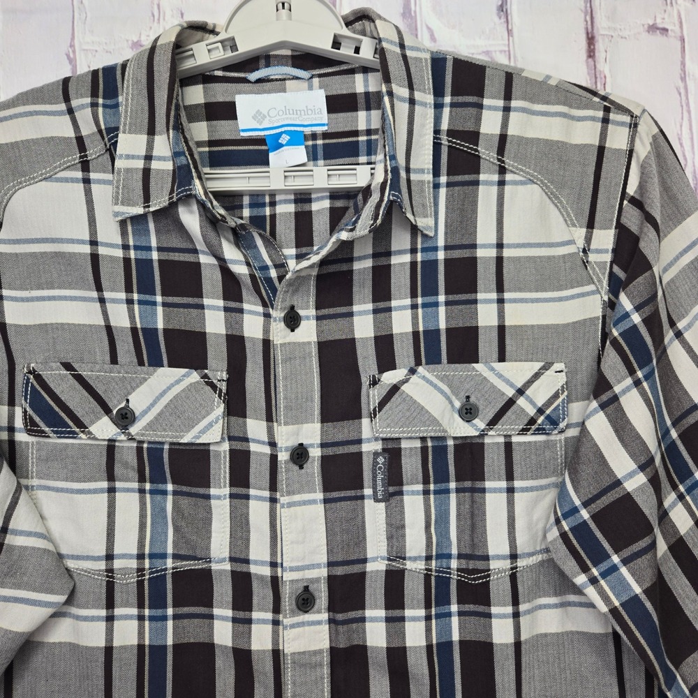 Columbia Mens Plaid Button Down Shirt Long Sleeve Soft Cotton Black Blue Large